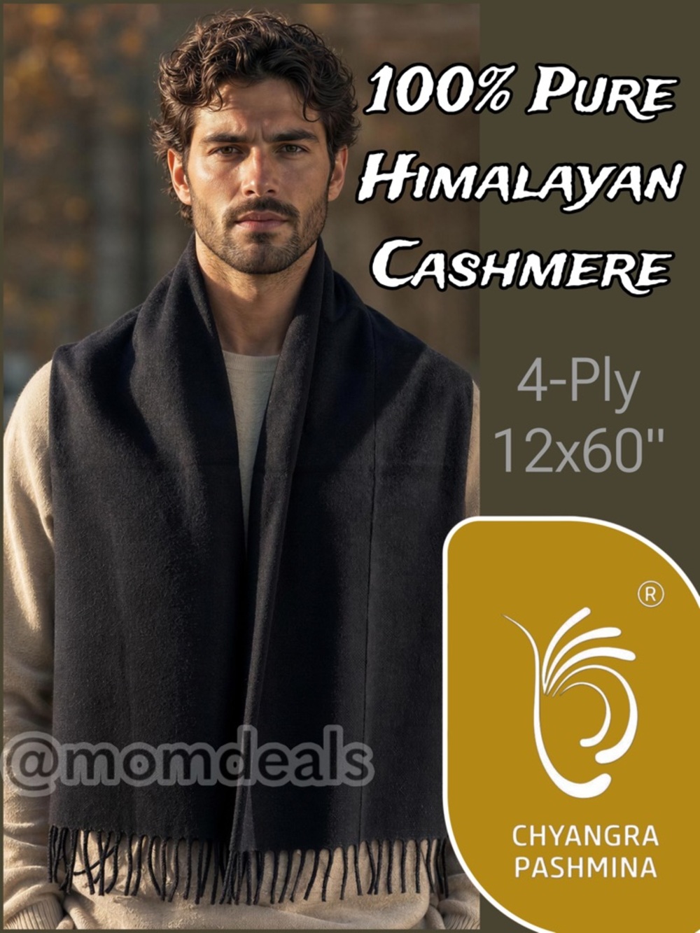 100% Pure 4-Ply Chyangra Pashmina Cashmere Scarf Handmade Nepal COA NWT -BLACK